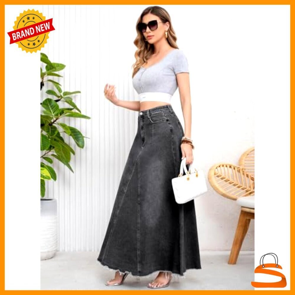Retro Distressed High Waist A-Line Maxi Denim Skirt with Pockets - Picture 6 of 7